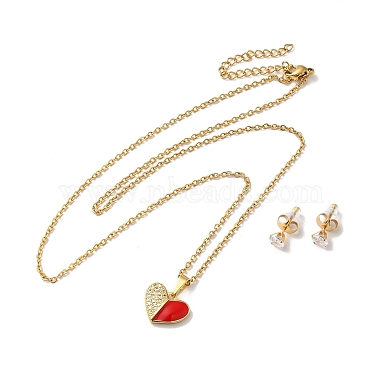 Clear Cubic Zirconia Heart with Enamel Pendant Necklace & Stud Earrings(SJEW-M099-02G)-2