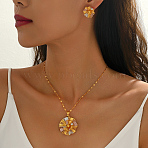 Vintage Brass Flower Stud Earrings & Pendant Necklaces Sets for Women, Mixed Color, Necklaces: 15.35 inch(39cm)(NK5083)