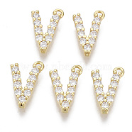 Brass Micro Pave Cubic Zirconia Charms, Nickel Free, Letter, Clear, Real 18K Gold Plated, Letter.V, 13.5x8.5x2.5mm, Hole: 1.2mm(KK-T060-05-V-G-NF)
