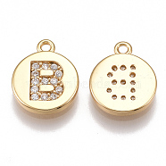 Brass Cubic Zirconia Charms, Flat Round with Letter, Nickel Free, Real 18K Gold Plated, Clear, Letter.B, 12x10x2mm, Hole: 1mm(KK-T038-194G-B)