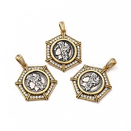 Rack Plating Eco-Friendly Brass Micro Pave Cubic Zirconia Pendants, Long-Lasting Plated, Lead Free & Cadmium Free, Real 18K Gold Plated, Hexagon with Greece Coin Charm, Antique Golden, 26x21x3mm, Hole: 3x5mm(KK-K165-29)