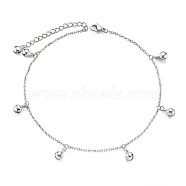 SHEGRACE Brass Charm Anklets, with Cable Chains, Small Bell, Platinum, 9-1/2 inch(24cm)(JA101B)