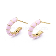 Enamel C-shape Stud Earrings, Gold Plated 304 Stainless Steel Half Hoop Earrings for Women, with Ear Nuts, Pink, 18x16x3.5mm, Pin: 0.8mm(EJEW-N052-05B)