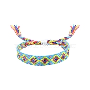Rhombus Polyester Braided Cord Bracelet, Ethnic Tribal Adjustable Bohemia Bracelet, Light Sky Blue, 7-1/8 inch(18cm)(PW-WG31997-01)