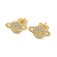 Brass Micro Pave Cubic Zirconia Stud Earrings, Planet, Real 18K Gold Plated, 8x14mm(EJEW-P261-39G)