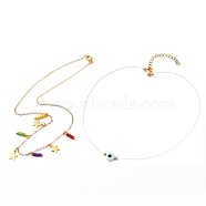Brass Cable Chains Pendant Necklaces Sets, with Nylon Wire, 304 Stainless Steel Findings and Glass Seed Beads & Evil Eye Lampwork Pendants, White, 15.94 inch(40.5cm), 13.58 inch(34.5cm), 2pcs/set(NJEW-JN03721-01)