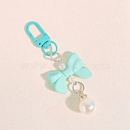 Macaron Color Plastic Bowknot and Round Pendant Keychain, with Clasp, Turquoise, 90mm(PW-WG57865-06)