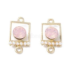 Alloy Links connectors, with Resin Rhinestone and ABS Plastic Imitation Pearl, Rectangle, Light Gold, Pink, 20x11.5x6mm, Hole: 1.5mm and 1.8mm(X-PALLOY-T056-27B)