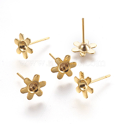 304 Stainless Steel Ear Stud Components, 6-Petal, Flower, Golden, 13mm, Flower: 8x9x2mm, Tray: 3mm, Pin: 0.7mm(X-STAS-G187-05G)