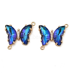 Brass Pave Faceted Glass Connector Charms, Golden Tone Butterfly Links, Medium Blue, 20x22x5mm, Hole: 1.2mm(FIND-Z020-04D)