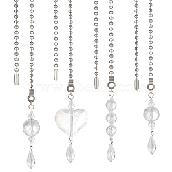 Electorplated Glass Ceiling Fan Pull Chain Extenders, with Iron Ball Chains, Heart/Round/Teardrop Suncatchers, Platinum, 354~363mm, 4 style, 1pc/style, 4pcs/set(FIND-AB00011)