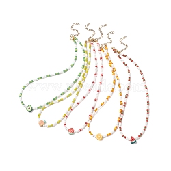 Summer Theme Handmade Polymer Clay Fruit Bead Necklaces, Glass Beaded Choker Necklace with 304 Stainless Steel Lobster Claw Clasps & Extender Chain, for Women, Mixed Color, 15~15-1/8 inch(38~38.5cm) (NJEW-JN04157)