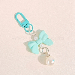 Macaron Color Plastic Bowknot and Round Pendant Keychain, with Clasp, Turquoise, 90mm(PW-WG57865-06)