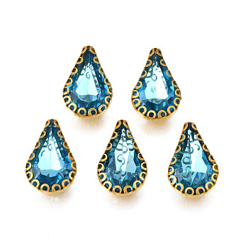 Sew on Rhinestone, Transparent Glass Rhinestones, with Iron Prong Settings, Faceted, Teardrop, Sky Blue, 13.5x8.5x5mm, Hole: 0.9mm