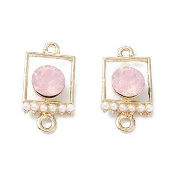 Alloy Links connectors, with Resin Rhinestone and ABS Plastic Imitation Pearl, Rectangle, Light Gold, Pink, 20x11.5x6mm, Hole: 1.5mm and 1.8mm