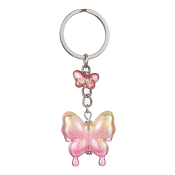 Glass & Acrylic Butterfly Keychain, with Iron Keychain Ring, Hot Pink, 8.5cm