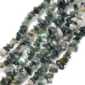 Natural Moss Agate Beads Strands, Chip, 1.5~4.5x3~13x2.5~8mm, Hole: 0.6mm, 30.94~31.97 inch(78.6~81.2cm)
