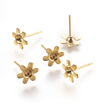 304 Stainless Steel Ear Stud Components, 6-Petal, Flower, Golden, 13mm, Flower: 8x9x2mm, Tray: 3mm, Pin: 0.7mm