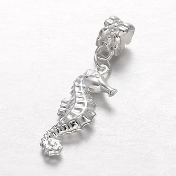 Alloy European Dangle Charms, Large Hole Sea Horse Beads, Silver Color Plated, 39mm, Hole: 5mm