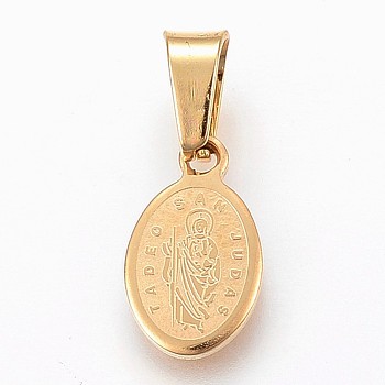 304 Stainless Steel Religion Pendants, Oval with Saint Jude, Golden, 13.5x8x1.2mm, Hole: 4x7mm
