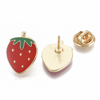 Alloy Brooches, Enamel Pin, Iron Pins and Brass Butterfly Clutches, Strawberry, Light Gold, Red, 21x15.5x11~12mm, Pin: 1mm
