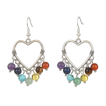 Natural & Synthetic Mixed Gemstone Chandelier Earrings, Tibetan Style Alloy Long Drop Earrings, Heart, 56x32mm