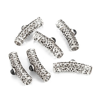 Tibetan Style Alloy Hollow Tube Beads, with Resin Cabochon, Black, 40x10x12mm, Hole: 7.5mm