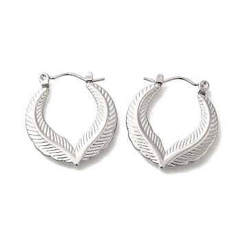 304 Stainless Steel Feather Hoop Earrings for Women, Stainless Steel Color, 23.5x2.5mm