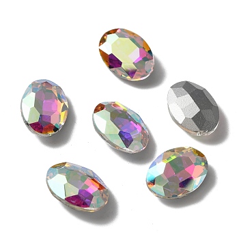 Pointed Back Glass Rhinestone Cabochons, Back Plated, Faceted, Oval, Crystal AB, 14x10x4.5mm