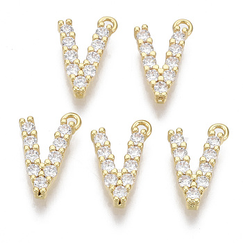 Brass Micro Pave Cubic Zirconia Charms, Nickel Free, Letter, Clear, Real 18K Gold Plated, Letter.V, 13.5x8.5x2.5mm, Hole: 1.2mm