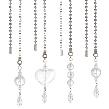 Electorplated Glass Ceiling Fan Pull Chain Extenders, with Iron Ball Chains, Heart/Round/Teardrop Suncatchers, Platinum, 354~363mm, 4 style, 1pc/style, 4pcs/set