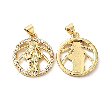 Rack Plating Brass Pave Cubic Zirconia Pendants, Lead Free & Cadmium Free, Long-Lasting Plated, Flat Round with Saint Jude Pattern Charm, Real 18K Gold Plated, 23x20x3mm, Hole: 4x3.5mm