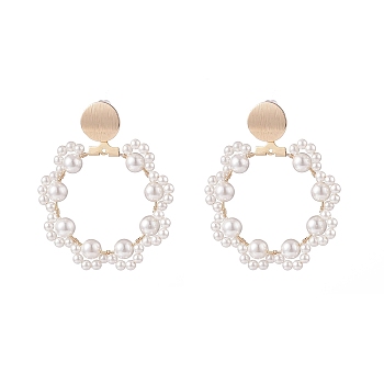 Shell Pearl Paw Print Beaded Big Ring Dangle Stud Earrings, Brass Drop Earrings for Women, Floral White, 50mm, Pin: 0.7mm