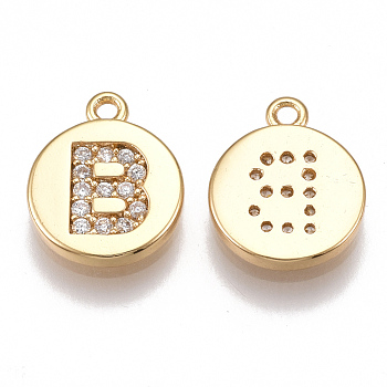 Brass Cubic Zirconia Charms, Flat Round with Letter, Nickel Free, Real 18K Gold Plated, Clear, Letter.B, 12x10x2mm, Hole: 1mm