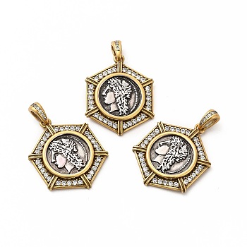 Rack Plating Eco-Friendly Brass Micro Pave Cubic Zirconia Pendants, Long-Lasting Plated, Lead Free & Cadmium Free, Real 18K Gold Plated, Hexagon with Greece Coin Charm, Antique Golden, 26x21x3mm, Hole: 3x5mm