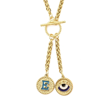 Ion Plating(IP) 304 Stainless Steel Sky Blue Enamel Letter & Eye Pendant Wheat Chain Necklaces, with Toggle Clasps, Golden, Letter E, 20.47~20.87 inch(52~53cm)