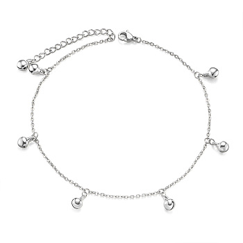 SHEGRACE Brass Charm Anklets, with Cable Chains, Small Bell, Platinum, 9-1/2 inch(24cm)