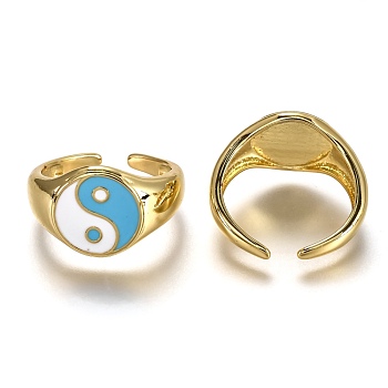 Brass Enamel Cuff Rings, Open Rings, Long-Lasting Plated, Flat Round with Gossip/Yin Yang, Real 18K Gold Plated, Sky Blue, US Size 6, Inner Diameter: 17mm