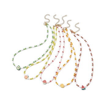 Summer Theme Handmade Polymer Clay Fruit Bead Necklaces, Glass Beaded Choker Necklace with 304 Stainless Steel Lobster Claw Clasps & Extender Chain, for Women, Mixed Color, 15~15-1/8 inch(38~38.5cm) 