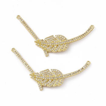 Brass Micro Pave Cubic Zirconia 2-Loop Pendants, Leaf Charm, Real 18K Gold Plated, 24x44x2mm, Hole: 0.8mm