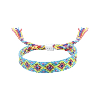 Rhombus Polyester Braided Cord Bracelet, Ethnic Tribal Adjustable Bohemia Bracelet, Light Sky Blue, 7-1/8 inch(18cm)