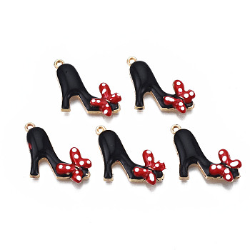 Rack Plating Alloy Enamel Pendants, Cadmium Free & Nickel Free & Lead Free, High Heels with Red Bowknot, Black, 25x15x3.8mm, Hole: 1.2mm