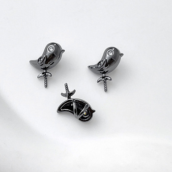 Brass Pave Clear Cubic Zirconia Bird Peg Bails Pin Charms, for Baroque Pearl Making, Gunmetal, 10x9mm