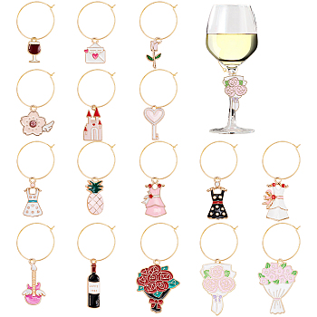 1 Set Alloy Enamel Wine Glass Charms, with Brass Hoop Earring Findings, Pineapple & Guita & Castle & Flower, Mixed Color, 40~64mm, 16pcs/set