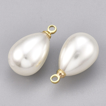 ABS Plastic Imitation Pearl Pendants, with Brass Findings, Teardrop, Real 18K Gold Plated, Creamy White, 17.5x10mm, Hole: 1.5mm