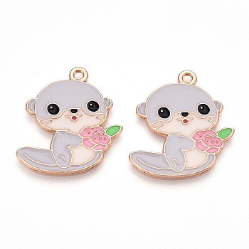 Alloy Enamel Pendants, Lead Free & Cadmium Free, Otter Shape Charms, Golden, Light Steel Blue, 26x22x1mm, Hole: 1.6mm