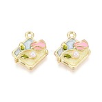 Rack Plating Alloy Enamel Pendants, Rhombus & Flower, with ABS Imitation Pearl, Light Gold, 20x17x5.5mm, Hole: 1.8mm(ENAM-N065-03KCG)