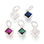 925 Sterling Silver Pave Cubic Zirconia Square Charms, with 925 Stamp, Silver, Mixed Color, 8.5~9.5x6.5x3.5~4mm, Jump Ring: 5x0.5mm, Inner Diameter: 4mm(STER-T009-16S)