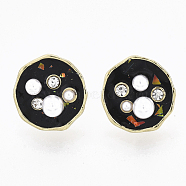 (Jewelry Parties Factory Sale)Flat Round Alloy Enamel Stud Earrings, with Cupronickel Pin and Shell, Crystal Rhinestone and ABS Plastic Imitation Pearl, Golden, Black, 14mm, Pin: 0.7mm(EJEW-N009-09A)