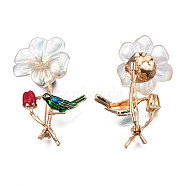 Flower with Bird Enamel Pin with ABS Plastic Pearl, Light Gold Plated Alloy Badge for Backpack Clothes, Nickel Free & Lead Free, Colorful, 55x37mm, Pin: 0.7mm(JEWB-N007-156)